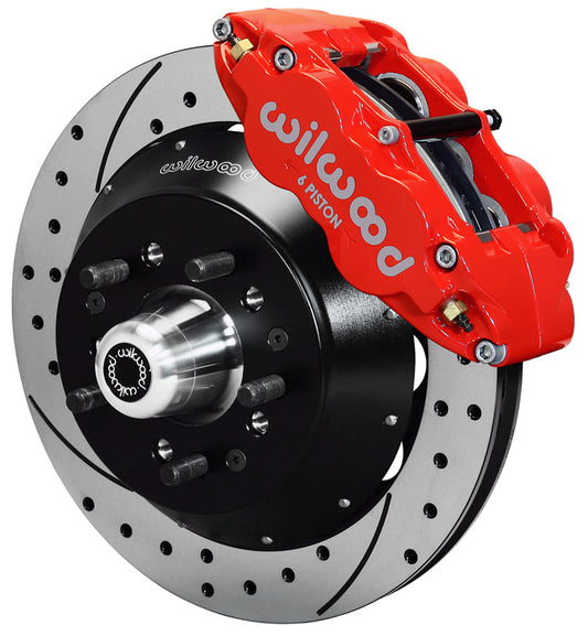 64-74 GM FRONT DISC BRAKE KIT,14" DRILLED ROTORS,6 PISTON SUPERLITE RED CALIPERS