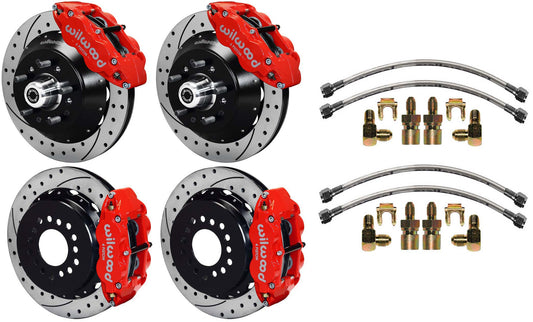 64-74 GM DISC BRAKE KIT,FRONT 14" & REAR 13" DRILLED ROTORS WITH LINES,RED CALIP