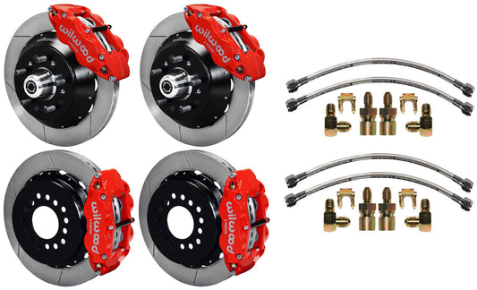 64-74 GM DISC BRAKE KIT,FRONT 14" & REAR 13" ROTORS WITH LINES,RED CALIPERS